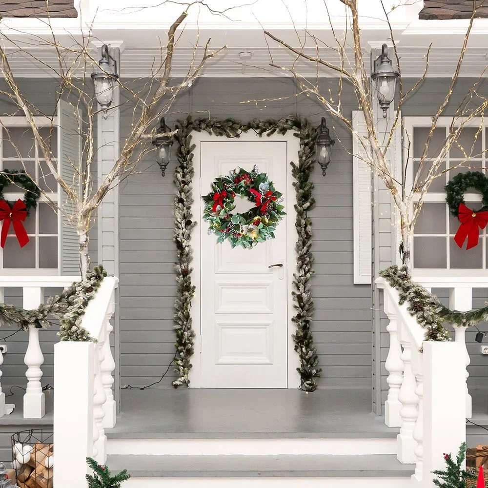 Regal Holiday Glam 24 Christmas Wreath, Prelit with Frosty Branches, Snowy Pine